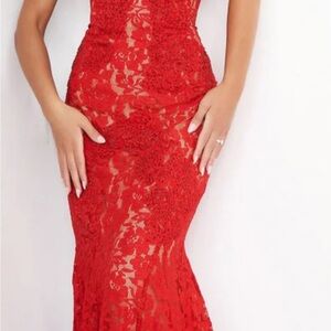 Red sequenced Cherry Hill prom gown
